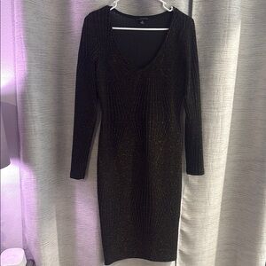 Haute Monde Black and Gold sparkles V-Neck Long Sleeve Bodycon Dress